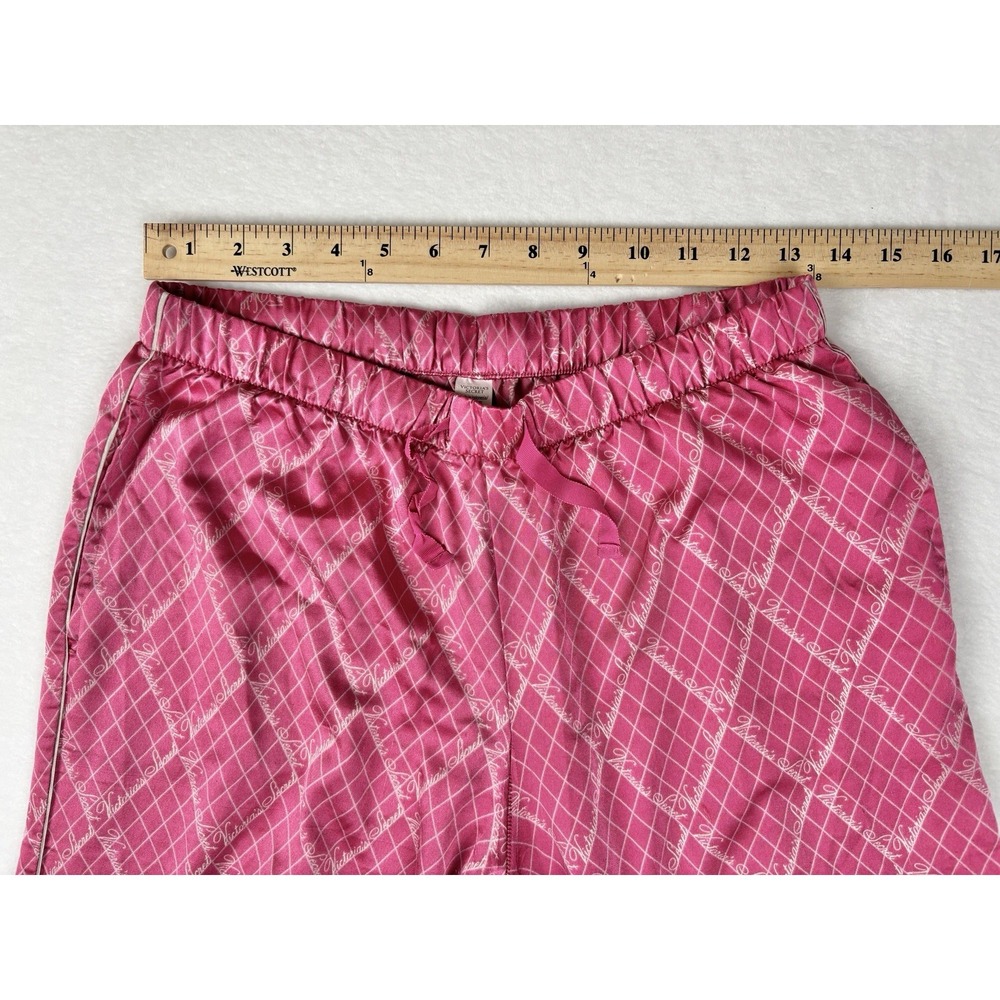 Victoria's Secret Women's Small Satin Pajama Pants Pink Check Script Logo - Picture 9 of 9